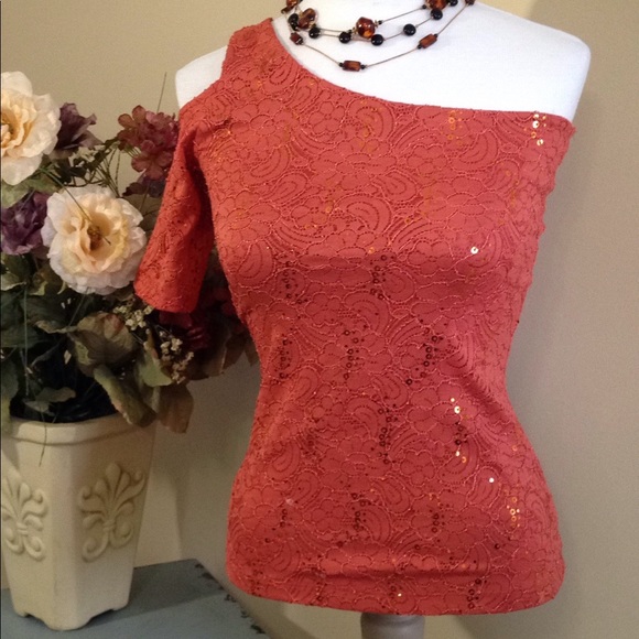 Charlotte Russe Tops - NEW One Shoulder Top Coral Flashy Sexy Party Pullover Sequins Charlotte Russe XS